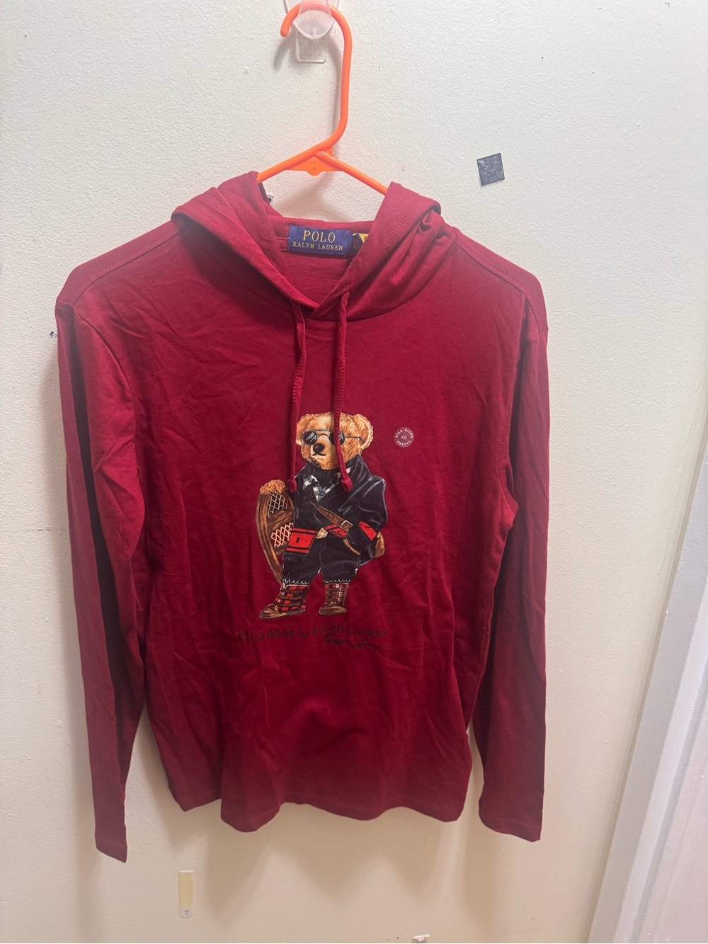 Ralph Lauren Men's Burgundy Bear Hoodie Graphic Long Sleeve